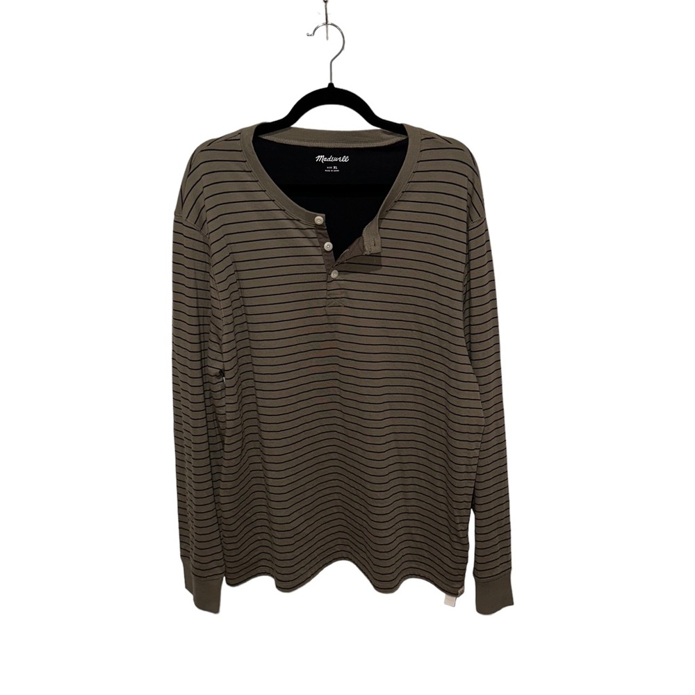 NWT Madewell Doubledown Henley Tee Long Sleeve Striped Green Black Size XL
